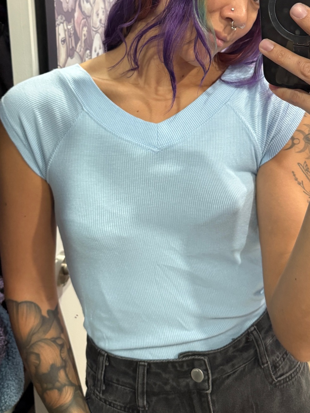Urban Outfitters Light Blue Ribbed V-Neck Cap Sleeve Top